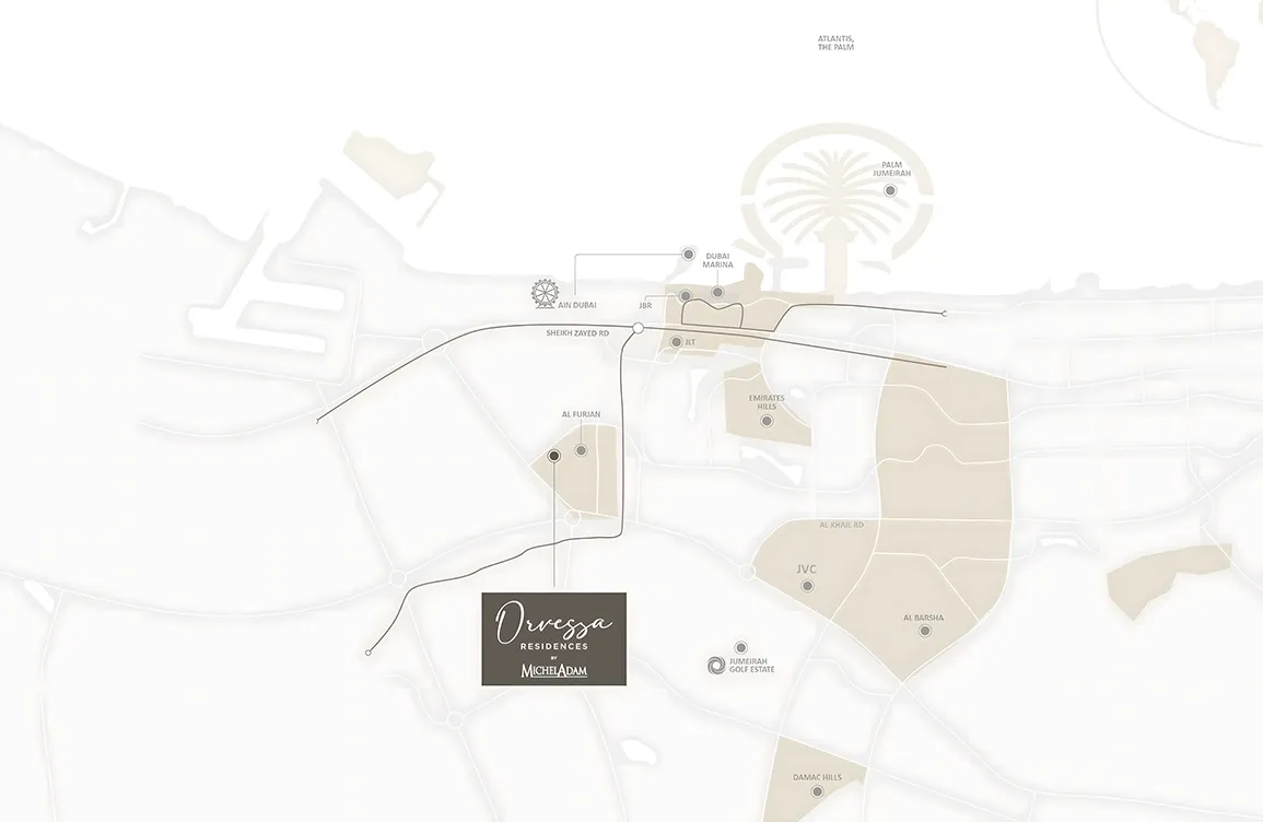Location map of Al Furjan, Dubai showing nearby landmarks and connectivity